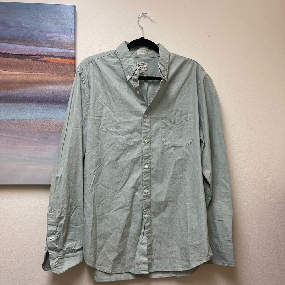 J.Crew Classic Stretch Large Button Down Shirt. Grey Color 98% Organic Cotton.